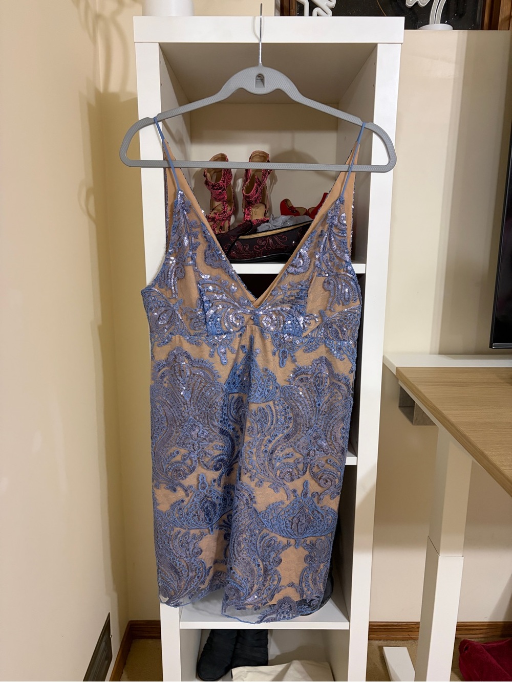 Free People Tan Slip Dress with Blue-Lavender Beaded Overlay
